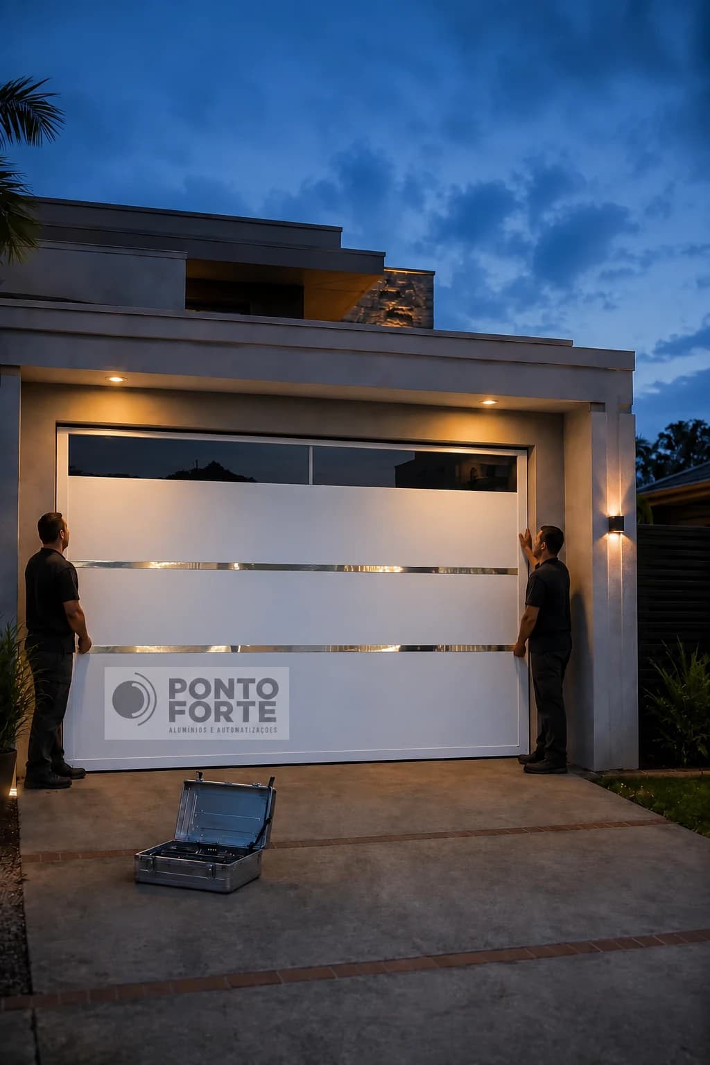 Equipe da Ponto Forte instalando um portão basculante de alumínio branco liso, com faixas cromadas e abertura transparente na parte superior, em Joinville